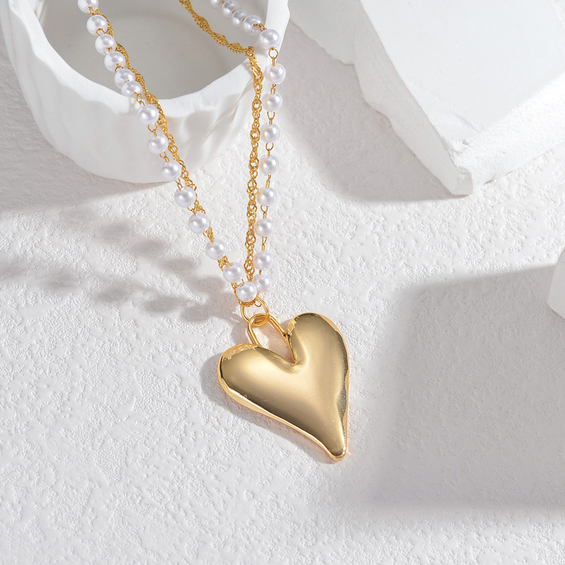 1 Piece Simple Mid-Century Style Heart Shape Stainless Steel  Gold Color Inlay Pearl Women's Pendant Necklace h5 